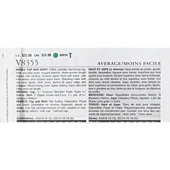 Vogue V8355 Sewing Pattern Peplum Top Straight Skirt Womens size 6 8 10 12 - Picture 5 of 5